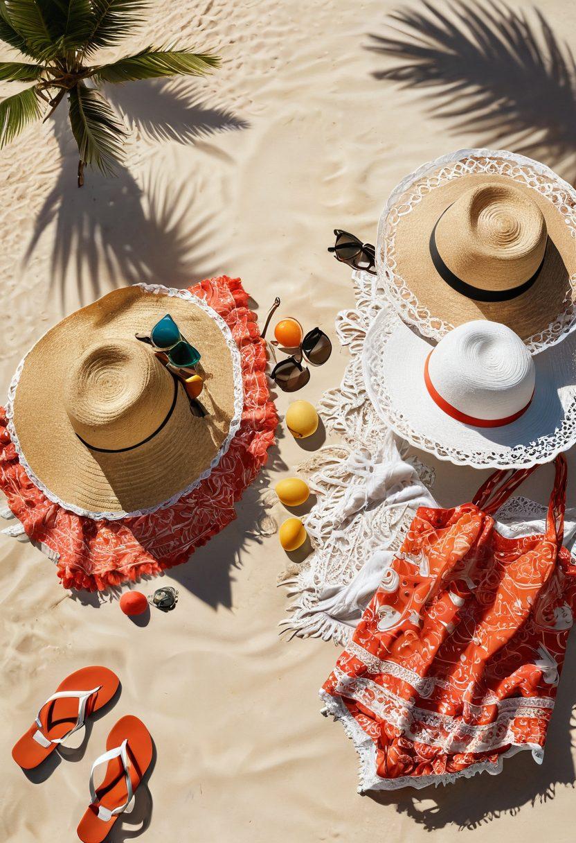A sun-kissed beach scene featuring a stylish beach bag overflowing with vibrant intimate apparel, including lace bikinis and playful cover-ups. Nearby, a selection of cheeky gifts like novelty sun hats and sexy sunglasses laid out on the sand, while a shimmering ocean and palm trees frame the background. Warm sunlight casts playful shadows, inviting viewers to imagine their perfect beach day. vibrant colors. super-realistic. sunny atmosphere.