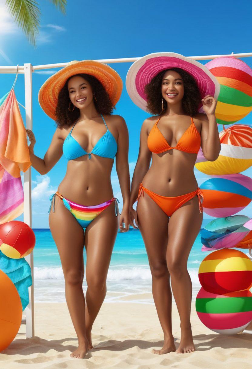 A lively beach scene featuring diverse women of all body types joyfully trying on various sexy swimwear styles. They are standing in front of a colorful swimwear rack, with bright beach towels and sun hats scattered around. Include playful elements like beach balls and parasols to enhance the fun atmosphere. The backdrop should showcase a sunny sky and clear blue ocean waves. vibrant colors. 3D. summer vibes.